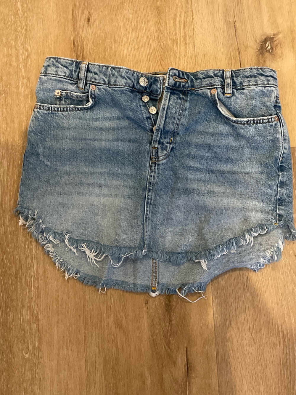 We The Free Light Blue Distressed Denim Mini Skirt